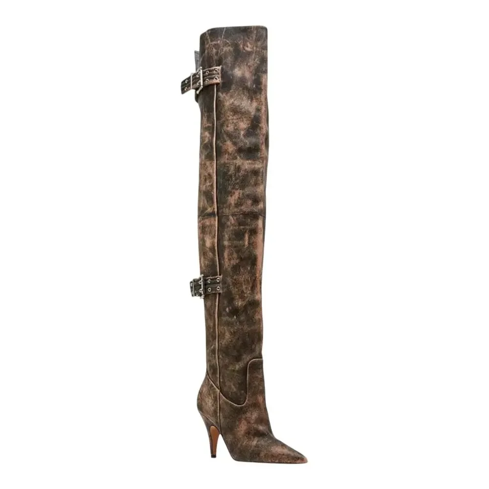 Steve Madden Women's Baddie Leather Over The Knee Boots Brown Distressed Size 8